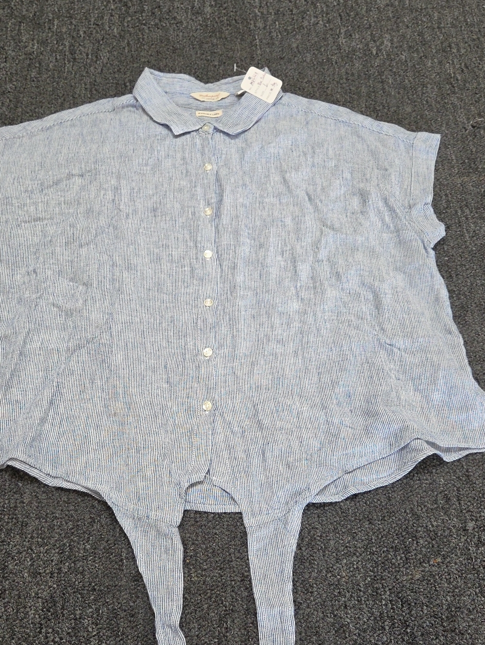 (#4C) Light Blue Striped Button-Up Tie-Hem Blouse